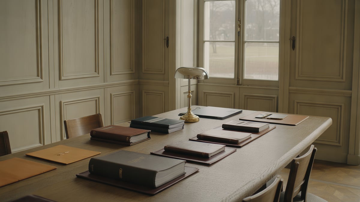 Ruhiges Arbeitszimmer mit Eichentisch, Lederordnern und Messinglampe