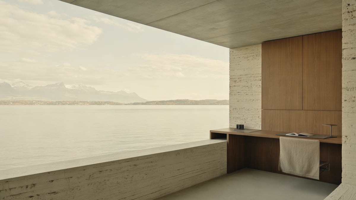 Symbolbild: Zeitgenössische Residenz mit Arbeitsplatz über dem Zugersee